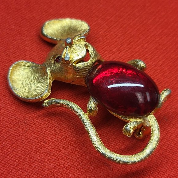 VTG Park Lane Gold Tone Mouse Brooch Pin Jelly Belly Red Eyes - Picture 11 of 12